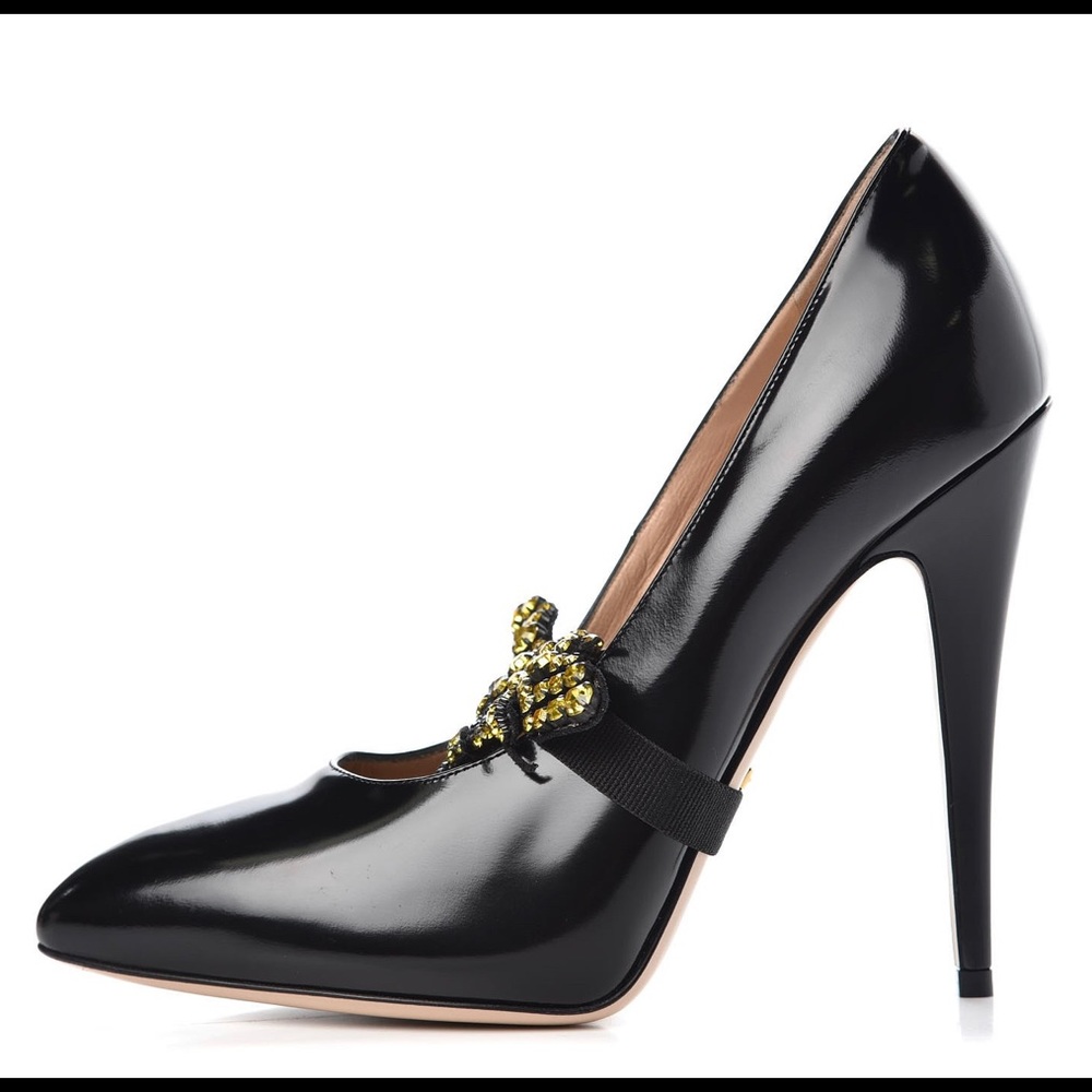 Gucci Elaisa Black Leather Bee Pumps